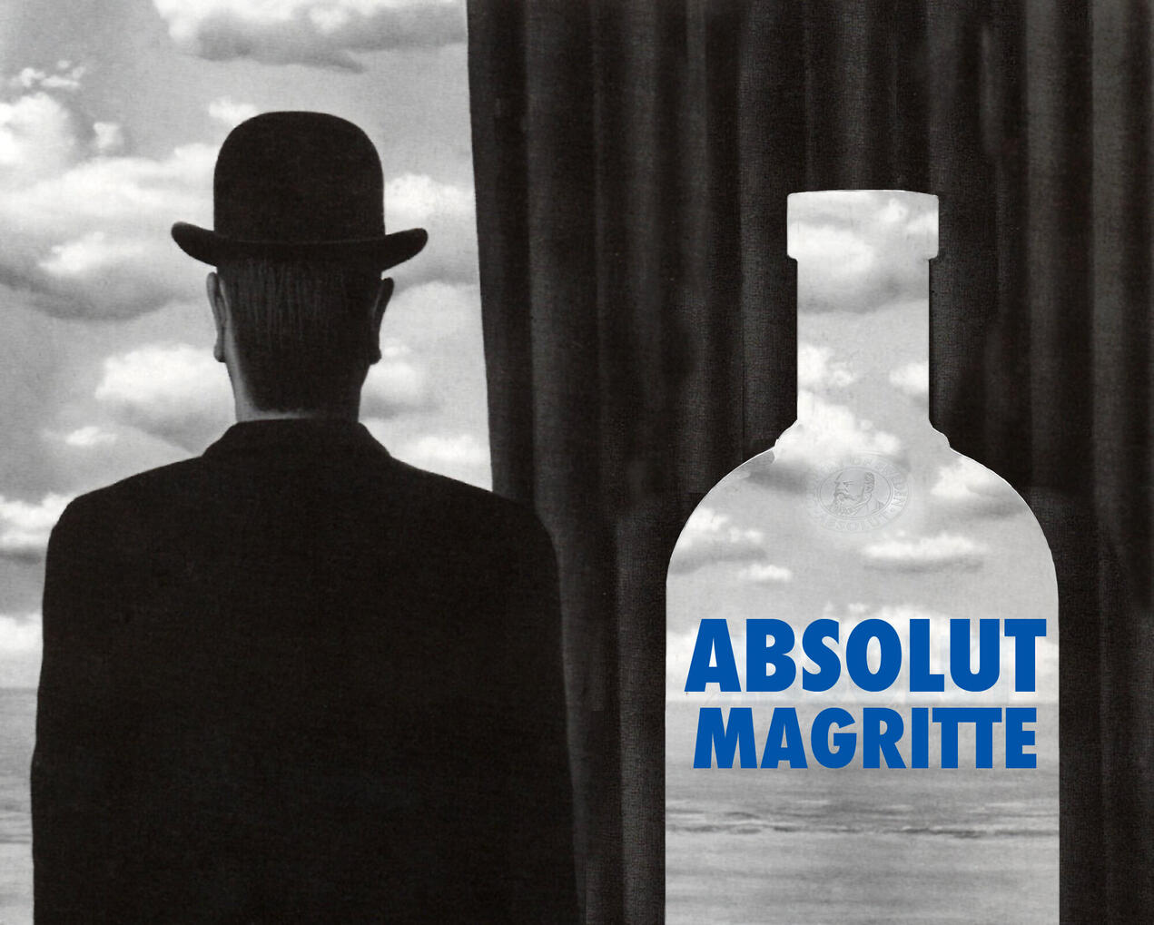 a man in a bowler hat in the style of Magritte standing next to a cut out of a bottle